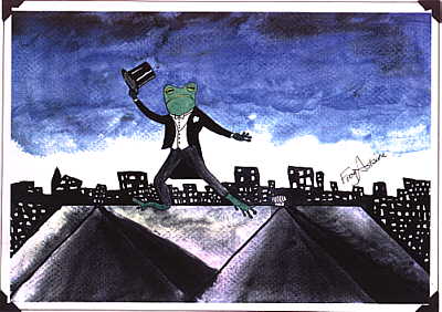 frog in tophat and black suit dancing on a roof with skyscrapers in background