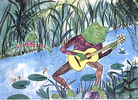 frog strumming guitar by a stream while another frog dances in pink leotards